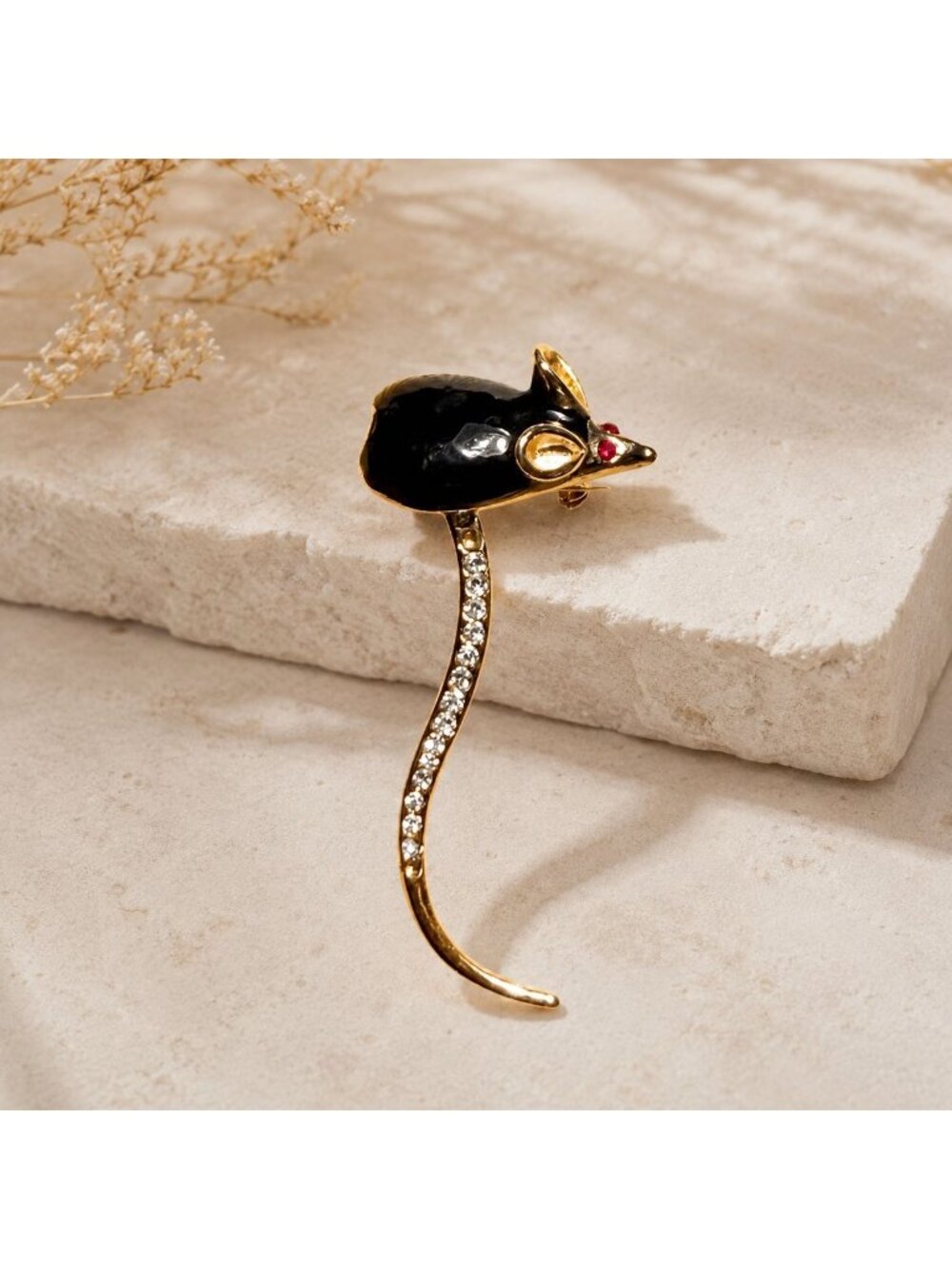 Vintage Black Enamel Mouse Brooch Gold Tone Rhinestone Tail Animal Novelty Pin
